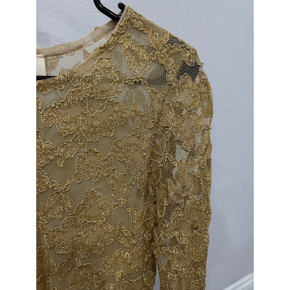 Caché Gold Lace Small Long Sleeve Top Elegant Mesh Floral Design Lightweight - Picture 4 of 8